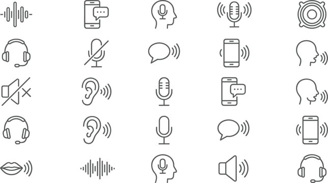 Voice and Audio Communication Line Icon Set Featuring Microphone, Speech, Sound Waves, Listening, Mobile Voice, Recording, and Digital Interaction Elements for Technology Design