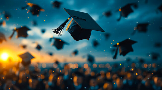 Graduation caps flying against sunset sky during outdoor ceremony