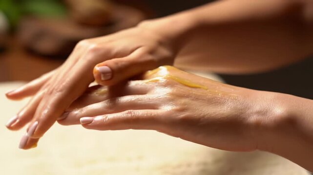 An extreme close-up video of clean, manicured hands gently massaging a luxurious natural balm into skin in a softly blurred, tranquil spa environment with beautiful bokeh, premium self-care concept