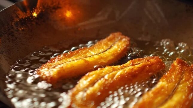 Fried plantains sizzling in a pan.