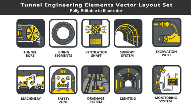 Tunnel construction vector icons set, top view engineering layout symbols, bore, lining segments, ventilation, excavation, drainage, monitoring CAD plan