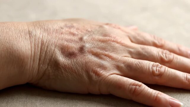 Close-Up of Age Spots on Woman Hand &ndash; Skin Aging, Sun Damage and Hyperpigmentation Dermatology Concept in 4K
