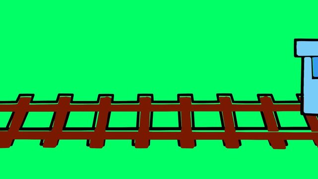 Blue Cartoon Steam Train Running on Railway Tracks with Green Screen