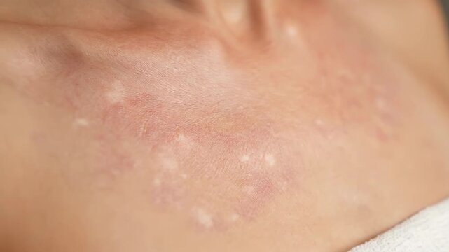 Sun Damage and Mottled Pigmentation on D&eacute;colletage &ndash; Skin Aging, UV Exposure and Dermatology Skincare Concept in 4K
