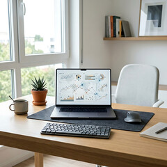 Fototapeta premium Bright and organized home workspace featuring a laptop, keyboard, mouse, and potted plant. Ideal for travel, remote work, business, and lifestyle content.