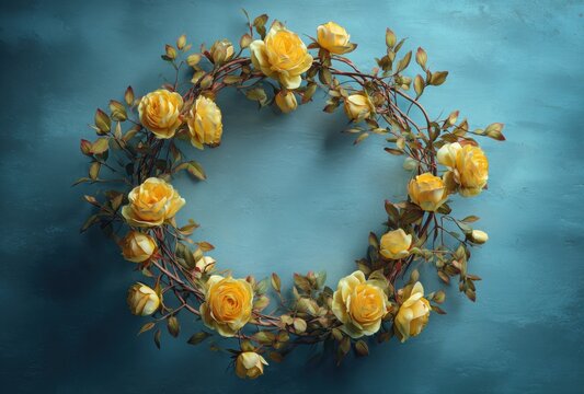 Elegant Yellow Rose Wreath on Textured Blue Background Delicate Floral Arrangement with Green Leaves and Twigs