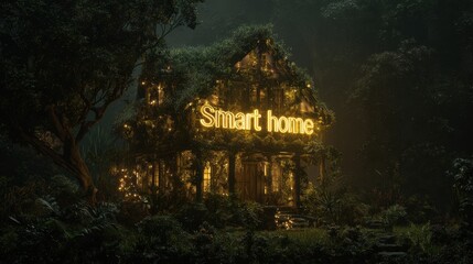 Fototapeta premium Enchanted Forest Smart Home Illuminated by Golden Lights and Lush Greenery