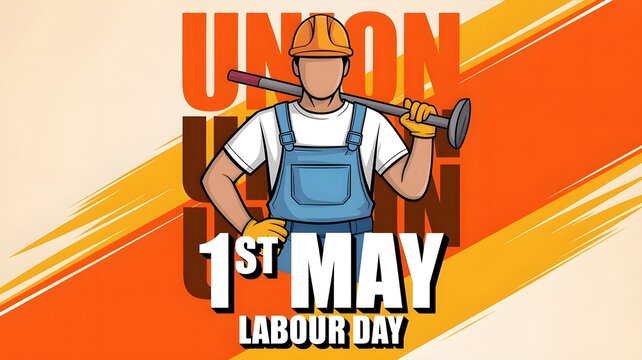 Celebrate International Workers Day on 1st May with this professional vector illustration of a male worker in blue overalls and orange hard hat representing union strength and labor rights globally.