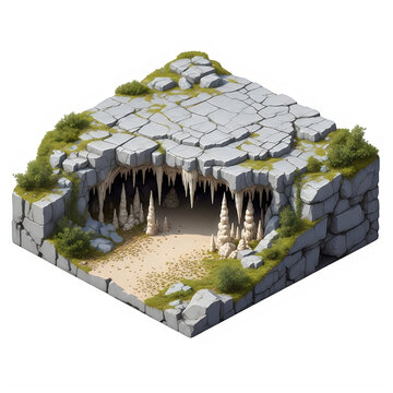 Ancient cave entrance with rocky terrain and natural light filtering through