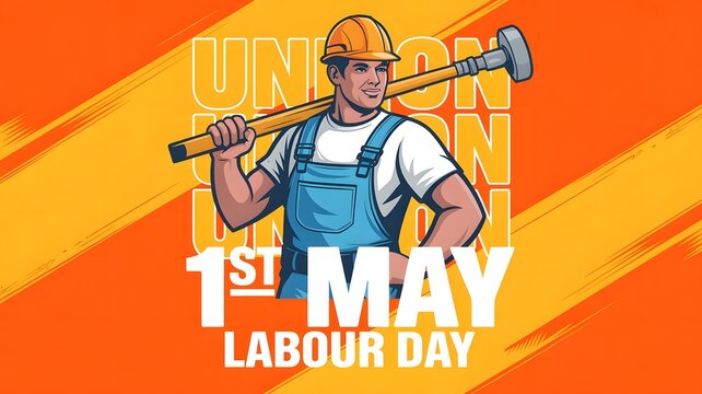 Dynamic vector illustration celebrating 1st May International Labour Day, featuring a strong, smiling construction worker in a hard hat and overalls, holding a sledgehammer. This vibrant design