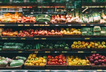 Obraz premium Fresh Colorful Fruits and Vegetables Displayed in Supermarket Aisles Under Bright Lights