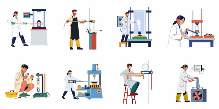 Material testing laboratory scenes with scientists performing tensile strength, compression, and durability experiments on various industrial materials and products.