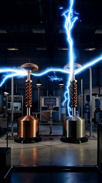 This captures a stunning Tesla coil experiment in a dark lab, featuring bright blue lightning and impressive electrical discharges.