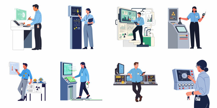 Professional engineers and technicians operating complex control panels and monitoring systems in a nuclear power plant or industrial facility, flat vector illustrations.