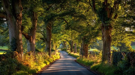 Obraz premium A serene tree-lined road stretches through a lush green landscape on a sunny day