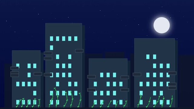 Animated Sequence of a Night City Skyline Transforming into a Sustainable Green Urban Environment with Solar Panels, Wind Turbines, and Vertical Gardens