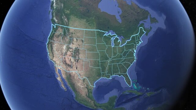 Zoom from Earth to United States World map animation with highlighted borders of USA, Line animation