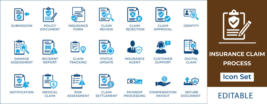 Insurance claim process icon set featuring policy document, claim review, rejection, approval, damage assessment, incident report, risk management, and medical claim symbols.