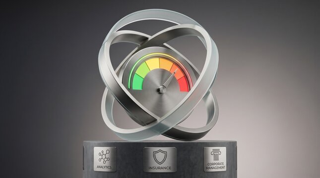 Business performance indicator gauge with analytics, insurance, and management icons