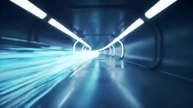 Luminous data entity glides at speed through a glowing, curved futuristic digital conduit with intense motion blur and cool blue walls. Concept of future-forward innovation and connectivity