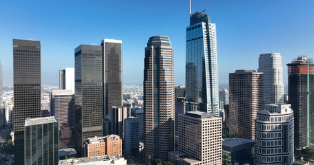 Obraz premium Los Angeles urban cityscape financial district. Los Angeles modern architecture towers buildings. Los Angeles aerial drone panorama California. Los Angeles business towers district.