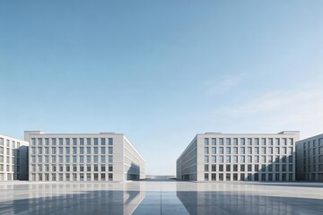 Modern office buildings reflecting on minimalist urban plaza