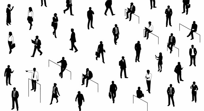 a set of isometric business people silhouettes in vector format showing a crowd of working professionals.