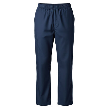 Navy blue medical scrub pants featuring an elastic waistband and side pockets arranged neatly against a transparent background, professional apparel showcase