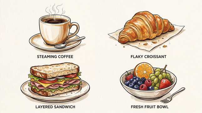 Artfully rendered morning feast presenting a steaming cup of coffee, a golden croissant, a robust layered sandwich, and a colorful fresh fruit bowl