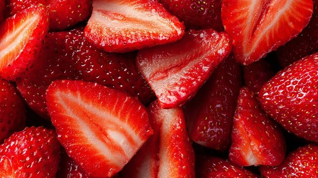 A vibrant and healthy pile of sliced strawberries overflowing with juicy red goodness and freshness.
