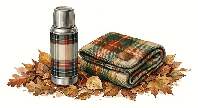 Watercolor illustration of a vintage plaid vacuum flask and folded tartan blanket on autumn leaves. Cozy fall camping and picnic concept isolated on white background.