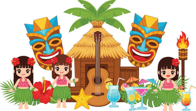 Cute Kawaii Tropical Beach Party Vector Illustration Featuring Hula Dancers Tiki Masks Bamboo Hut and Exotic Summer Cocktails for Vacation and Island Holiday Designs