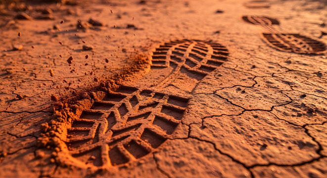 Close-up of boot print impressed into cracked dry earth ground highlighting texture and detail of sole in warm golden hour sunlight outdoor.