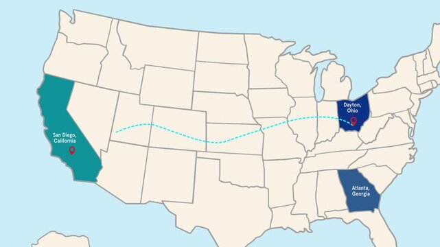 Dayton to San Diego travel path line animation , location map, Animated map, USA MAP, blue highlighted in map of USA