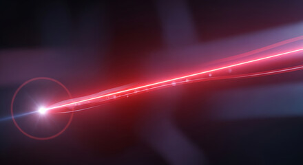 Fototapeta premium Red laser beam with bright light and lens flare on dark background
