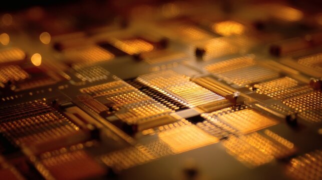 Wide overhead macro PCB BGA pad array wire bond golden amber semiconductor