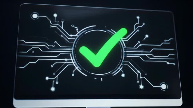 A digital interface with red/orange pixelated glitch transforms into a pristine green checkmark with flowing data streams on a dark background, dollying zoom out to a wide futuristic display. Concept