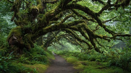 Fototapeta premium Moss Covered Ancient Tree Branch Arching Over A Forest Path With Lush Green Foliage And Misty Atmosphere