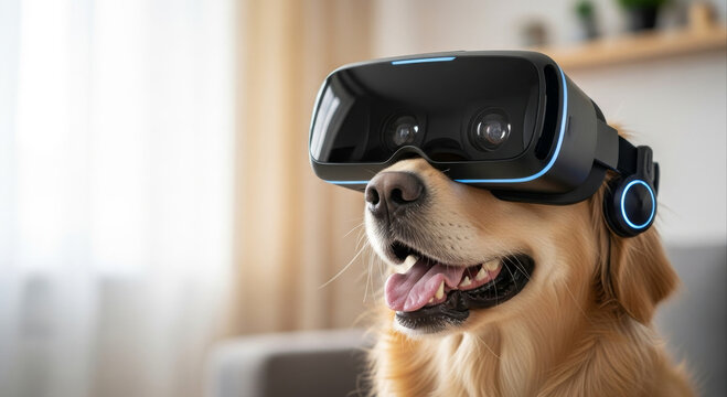 Happy dog ​​in VR headset experiences metaverse