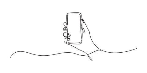 Obraz premium A continuous single line drawing of a hand holding a smartphone.one line vector illustration on white background