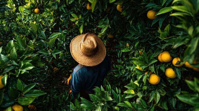 Overhead View Of A Person In A Straw Hat Picking Oranges From A Lush Green Tree Grove With Golden Sunlight