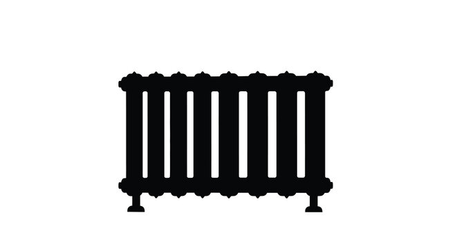 A stark black and white silhouette depicts a classic ornate radiator showcasing its vertical bars and base