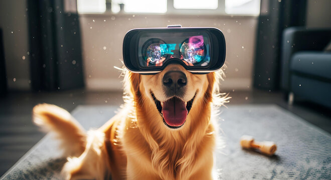 Happy dog ​​in VR headset experiences metaverse