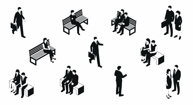 isometric black silhouette business people sitting and standing on benches and waiting