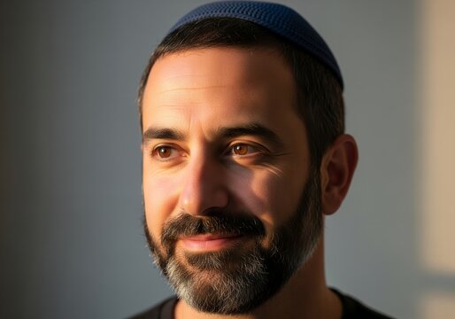 Mature bearded Jewish man wearing kippah in warm natural light thoughtful portrait
