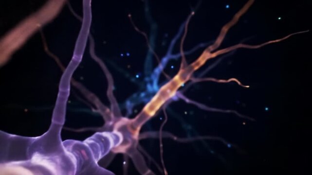 A vibrant, self-illuminating fluid network of electric blue, purple, orange, and green tendrils reconfigures dynamically against a void cosmic background, a cinematic CGI video with shallow depth of