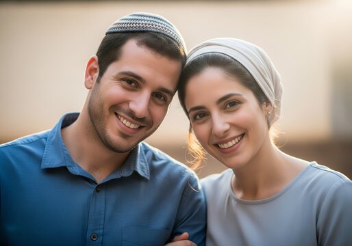 Happy Jewish couple smiling together outdoors in soft sunset light with traditional head coverings