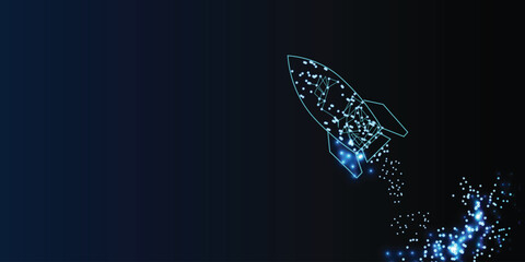 Futuristic glowing wireframe rocket launch on dark blue background, startup innovation and technology network concept with copy space © MdRoni
