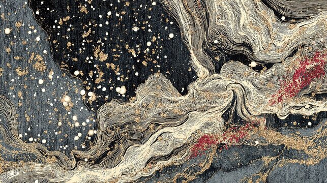 a detailed depiction of a black or very dark gray textured surface, showing a myriad of small, bright white dust particles and thin, wavy strands irregularly distributed across it. scratches are visib