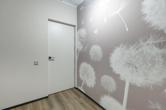 Modern Interior with White Flush Door and Dandelion Wallpaper